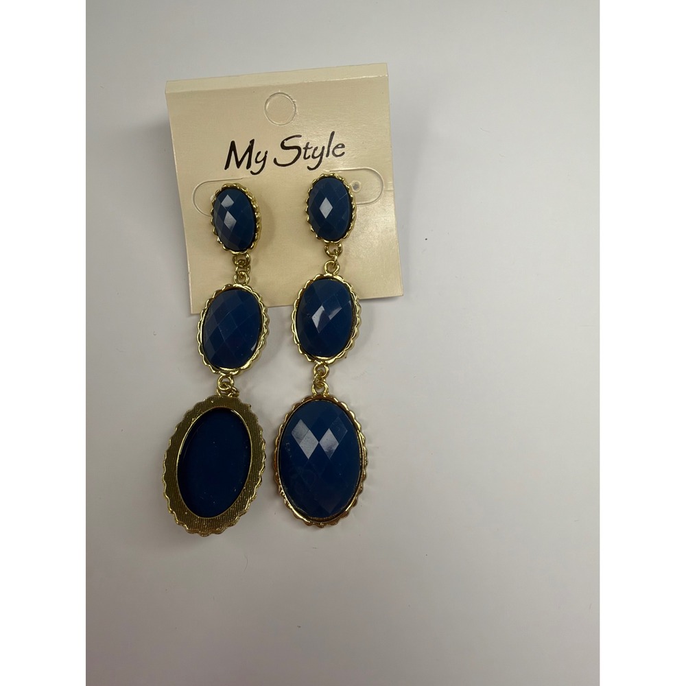 My Style Navy Blue Faceted Oval Triple Drop Earrings Gold Tone Statement Dangle